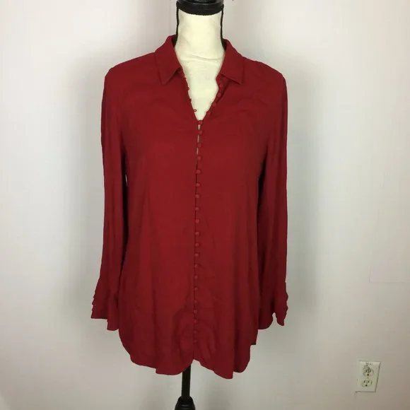 Soft Surroundings Blouse Top Size PS Womans Petite Red Button Front Long Sleeve - Picture 1 of 15